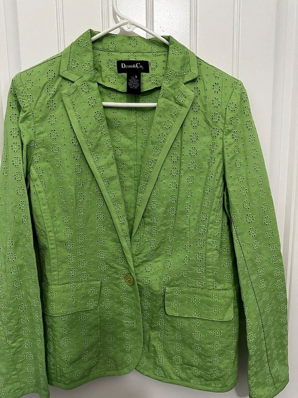 Denim & Co. Lime Green Cotton Eyelet Blazer Jacket, Women's Small